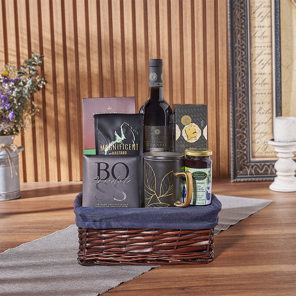 Elevate your Hanukkah festivities with the Happy Hanukkah Wine Gift Basket from Connecticut Baskets - Connecticut Delivery