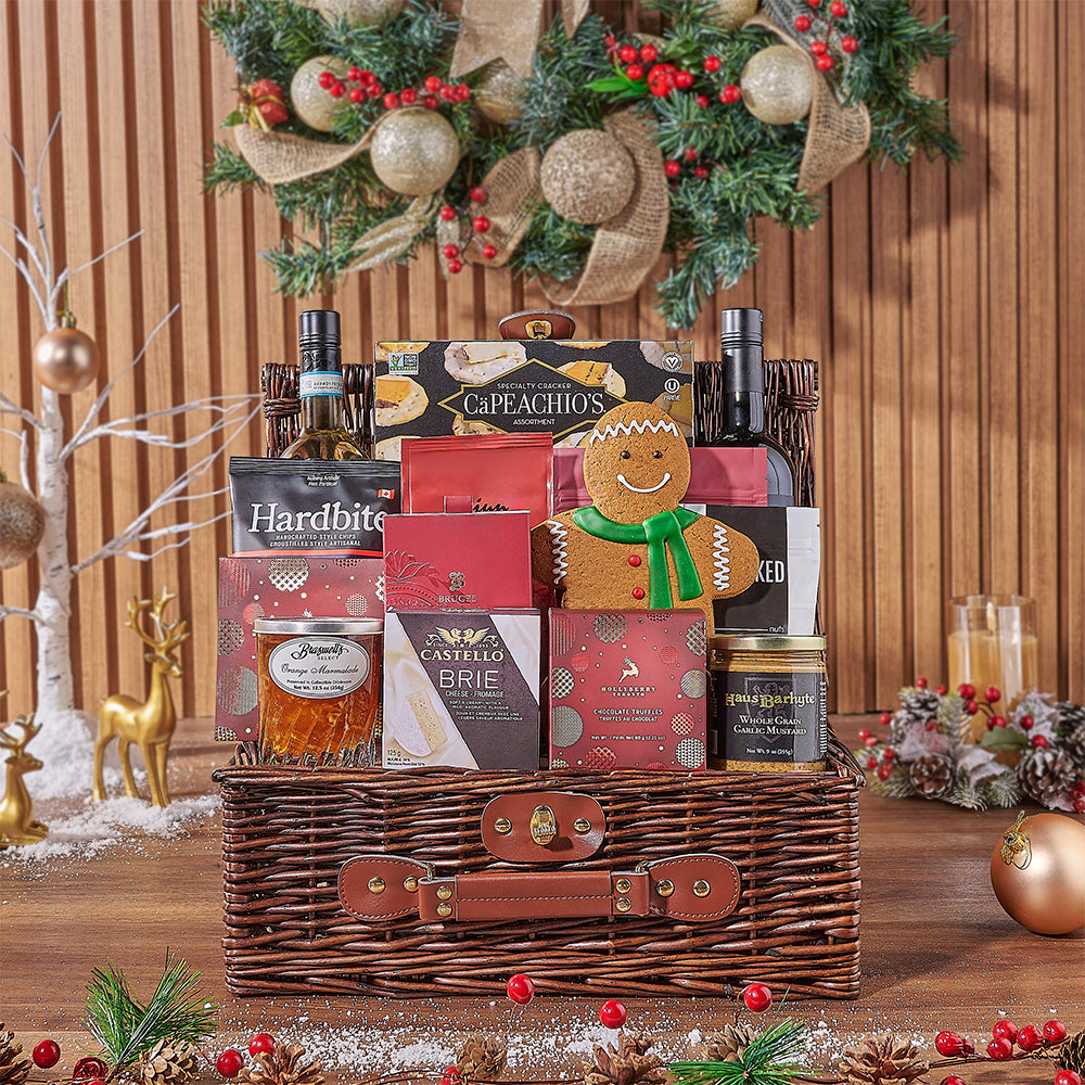 Brie Cheese and Two-Bottle Wine Basket – how the gift is presented