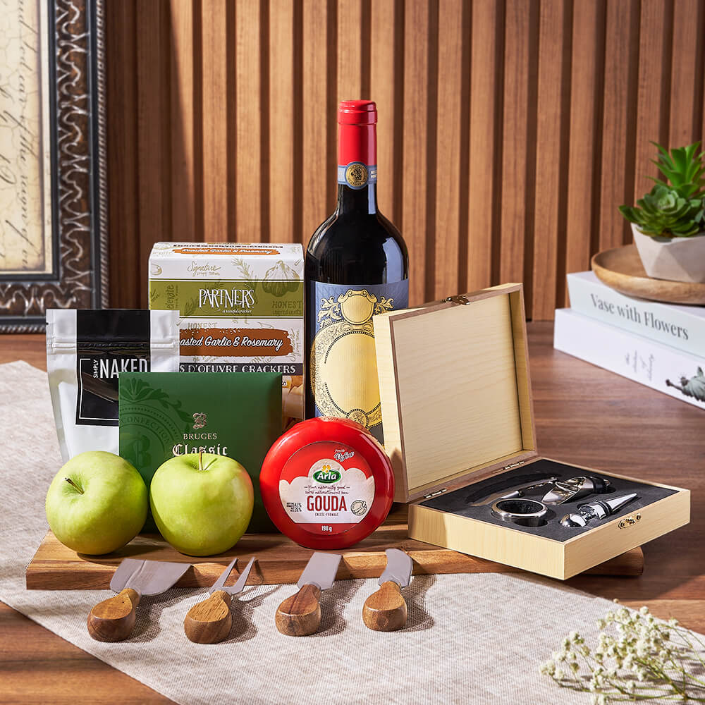 Curated Wine Basket with Apple, Cheese, Chocolate, and Crackers – how the gift is presented
