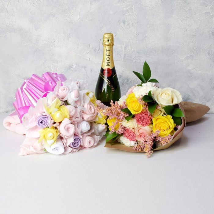 Pink Fresh Flower Bouquet and Champagne Gift Basket for New Baby Girl – how the gift is presented