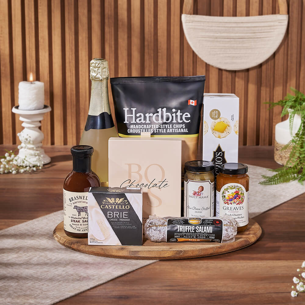 Classic Sparkling Wine and Treats Basket – how the gift is presented