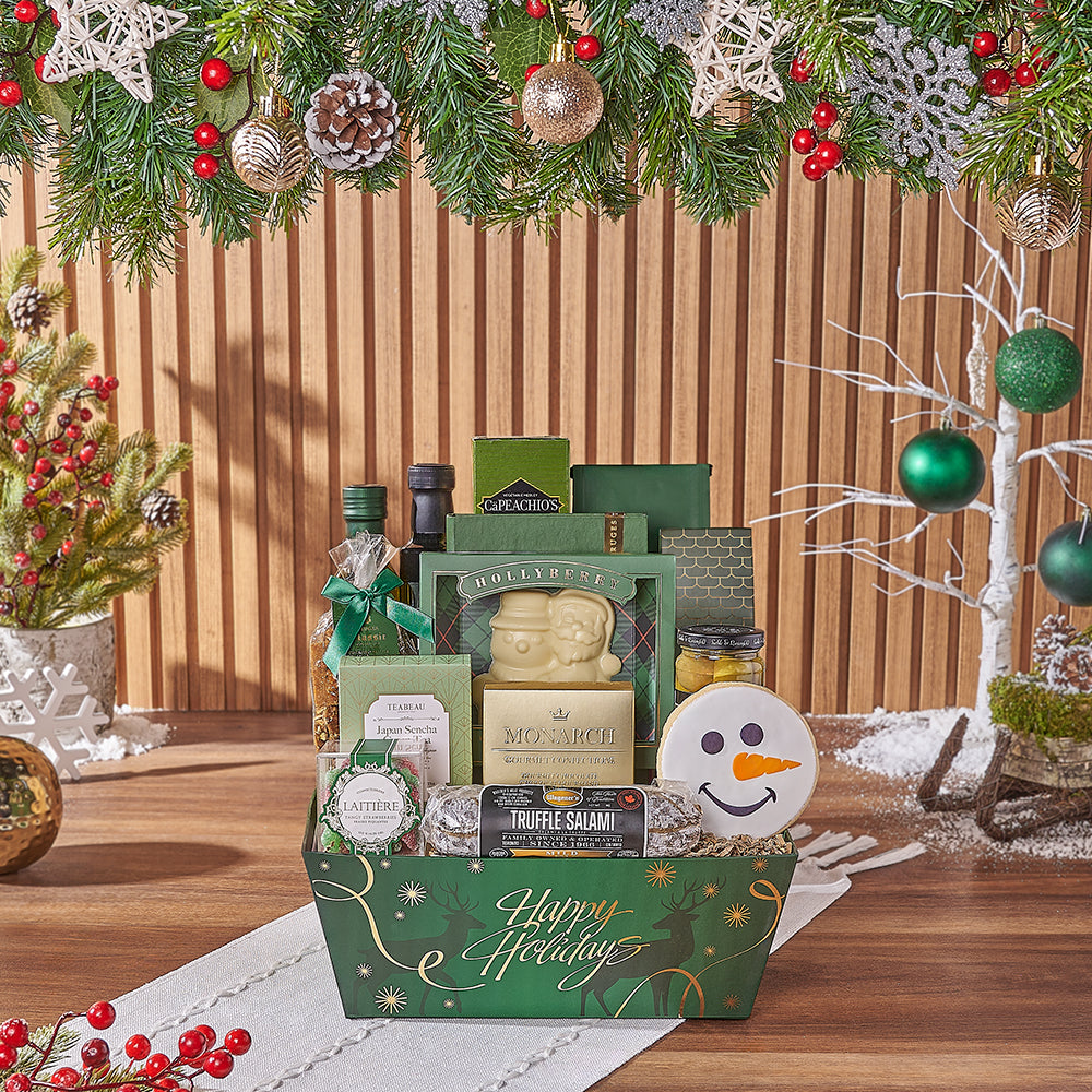 Festive Christmas Holiday Gourmet Gift Basket – how the gift is presented