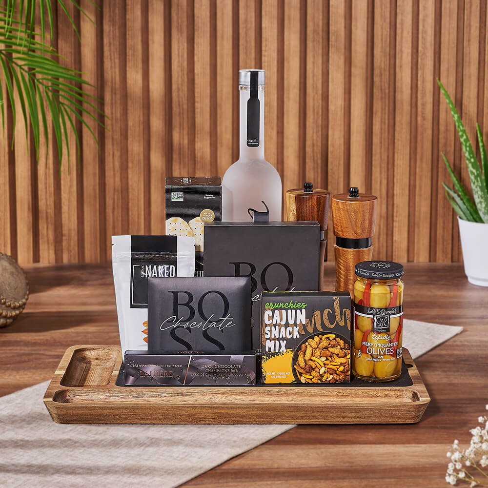 Dark Chocolate and Vodka Gift Basket – how the gift is presented