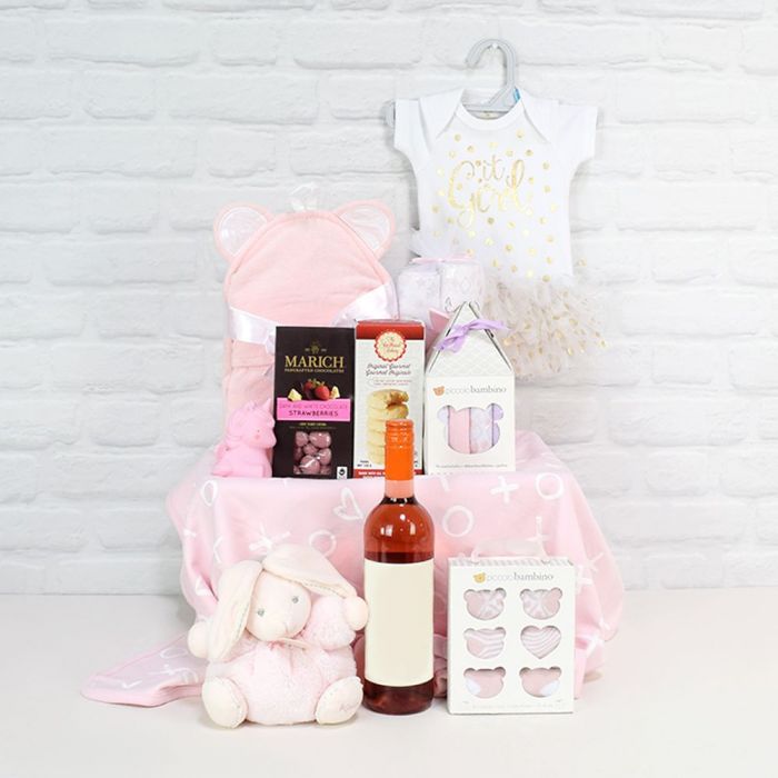 Mom and Baby Girl Newborn Celebration Gift Basket with Wine – how the gift is presented
