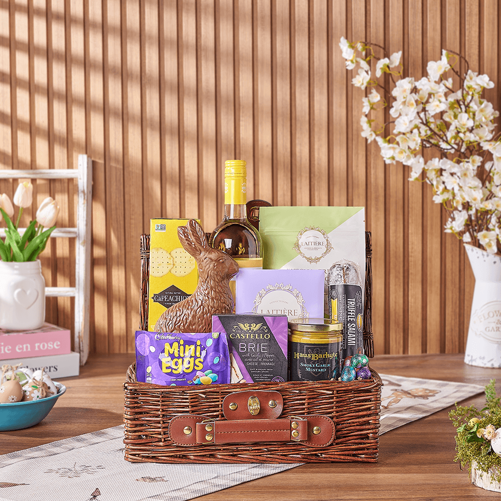 Easter Wine Picnic Basket, easter gift, easter, wine gift, wine, chocolate gift, chocolate, Connecticut delivery