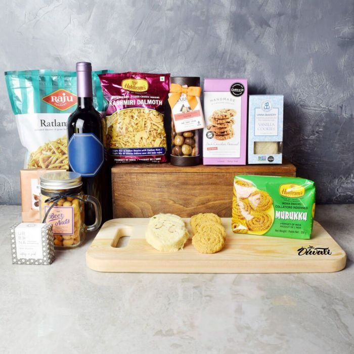 Diwali Wine with Snacks Gift Basket – how the gift is presented