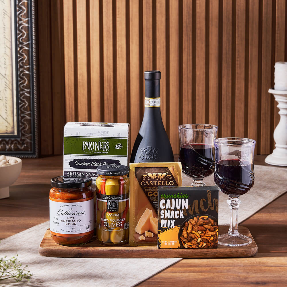 Wine and Acacia Wood Serving Basket – how the gift is presented