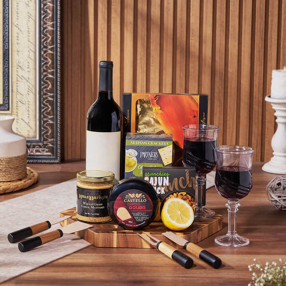 Maple Smoked Salmon, Wine & Gourmet Snack Gift Set with Hexagonal Acacia Board – how the gift is presented