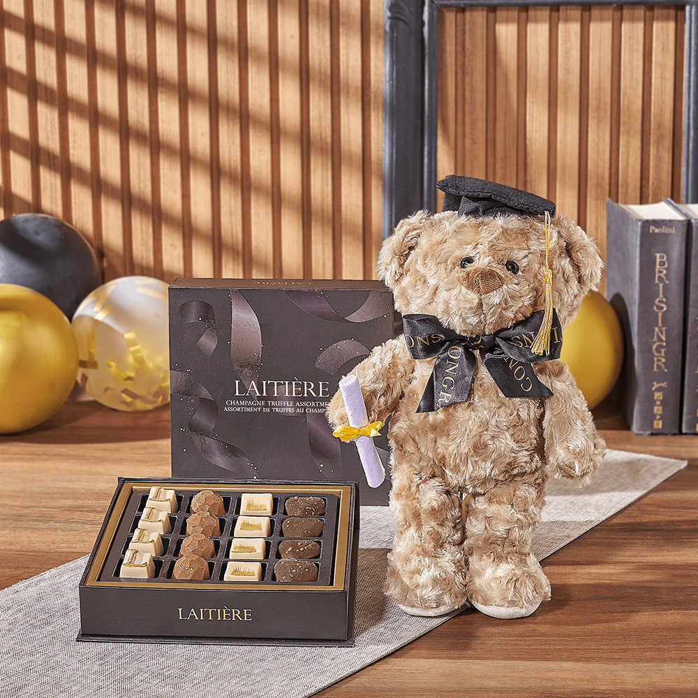 Chocolate Truffles with Graduation Teddy – how the gift is presented