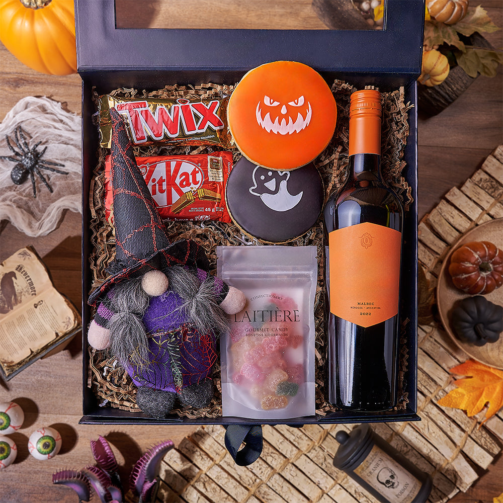 Wine and Halloween Treat Box – how the gift is presented