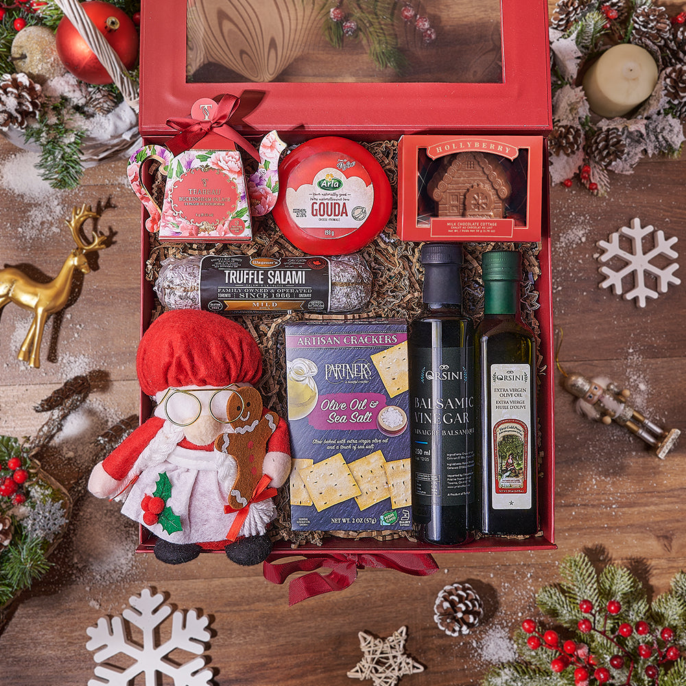 Holiday Truffle Salami and Gouda Cheese Gift Basket – how the gift is presented