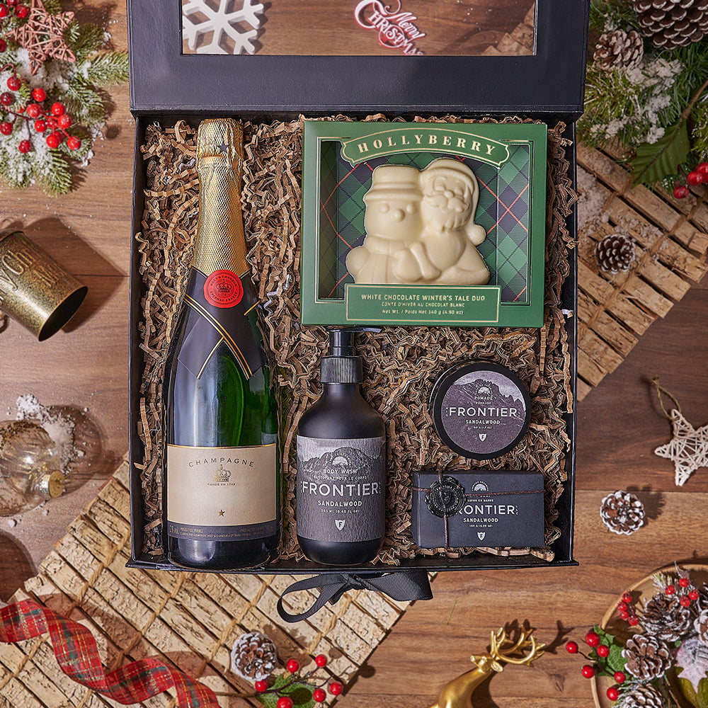 Premium Sparkling Wine and White Chocolate Holiday Duo Gift in Hinged Box – how the gift is presented