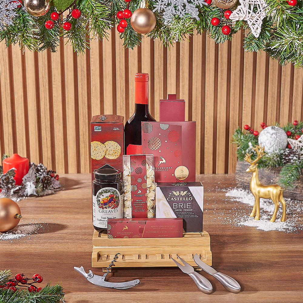 Christmas Wine and Gourmet Snack Basket with Bamboo Piano Cheese Board – how the gift is presented