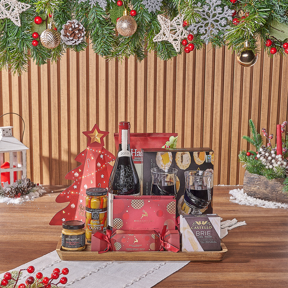Holiday Wine Gift Basket with Glasses – how the gift is presented