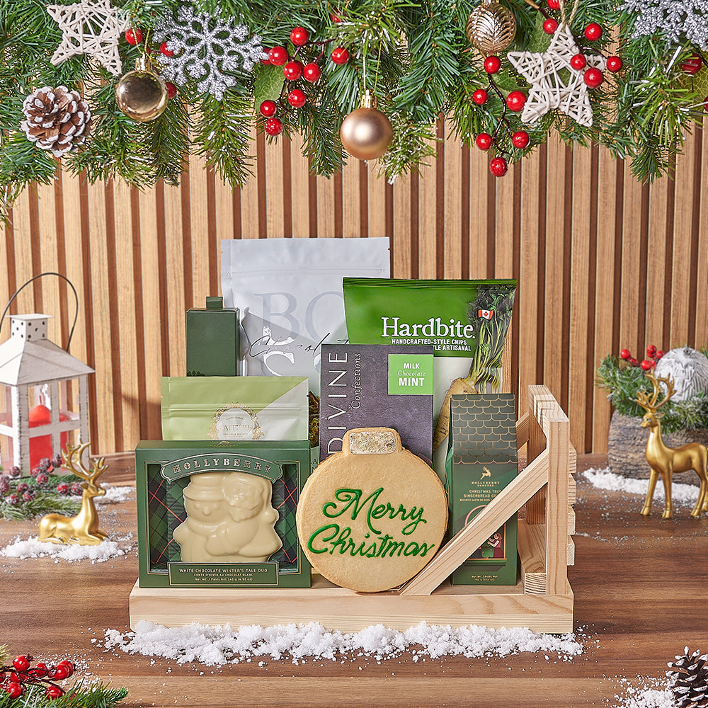 Christmas Pine Wood Sleigh Snack Basket – how the gift is presented
