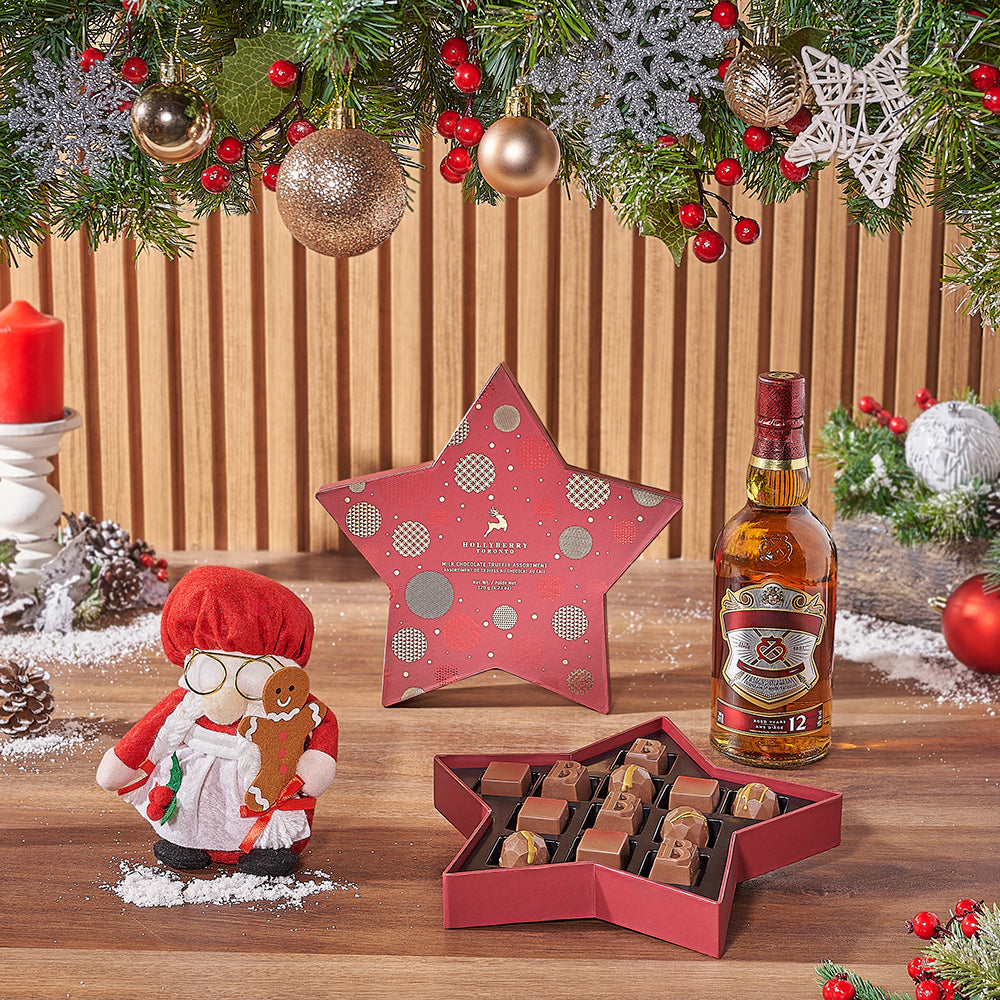 Star Box Holiday Basket with Whiskey and Gourmet Chocolate Truffles – how the gift is presented