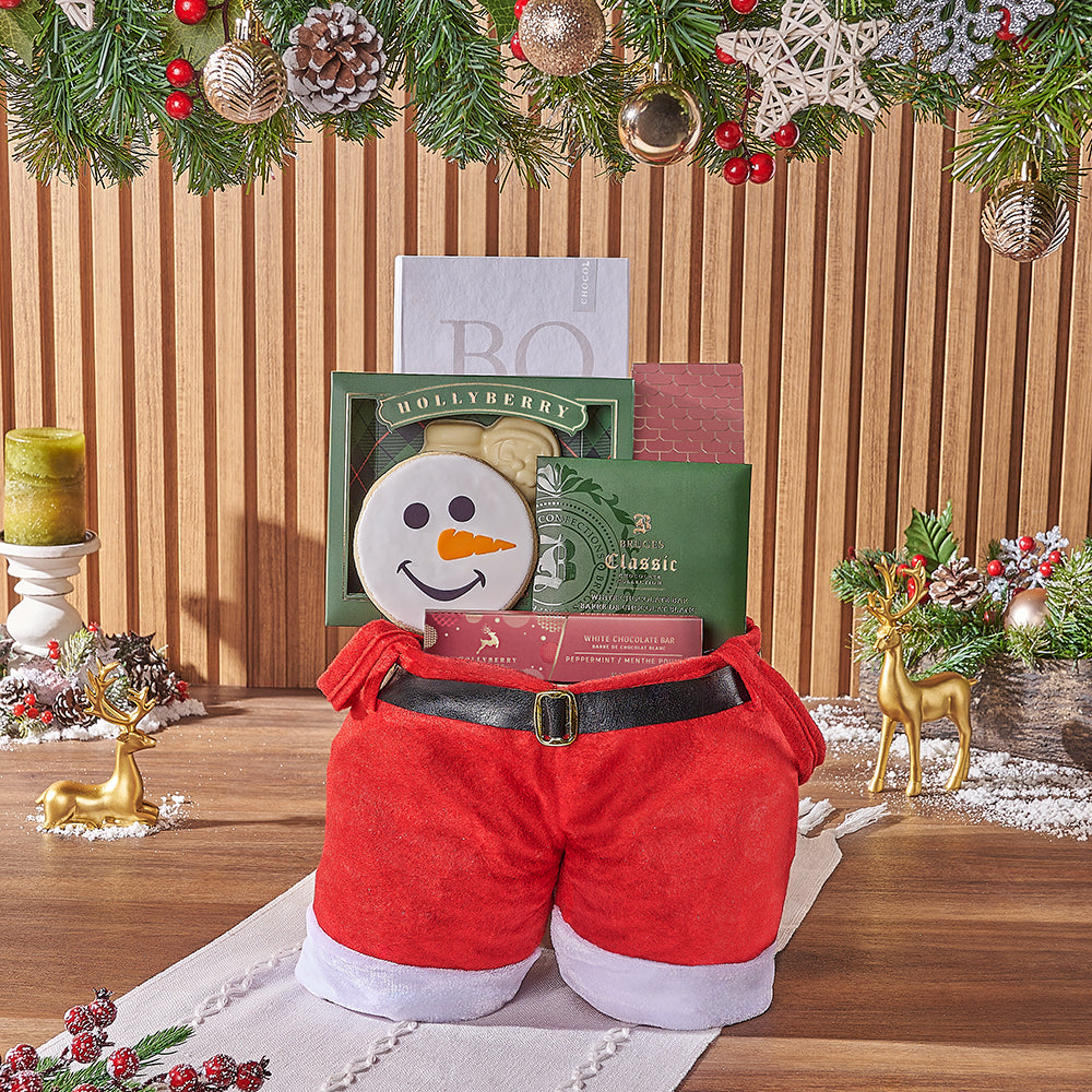 White Chocolate Santa Pants Gift Basket – how the gift is presented