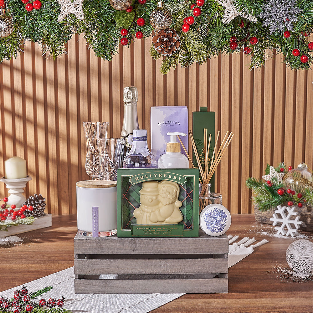 Wooden Crate with Sparkling Wine Treats – how the gift is presented