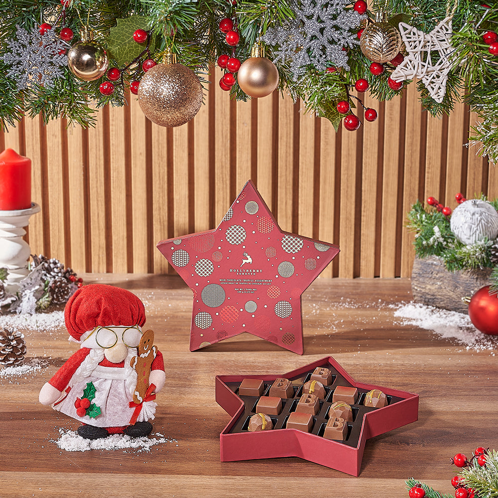 Holiday Plush Mrs. Claus with Gourmet Chocolate Truffles Gift Basket – how the gift is presented