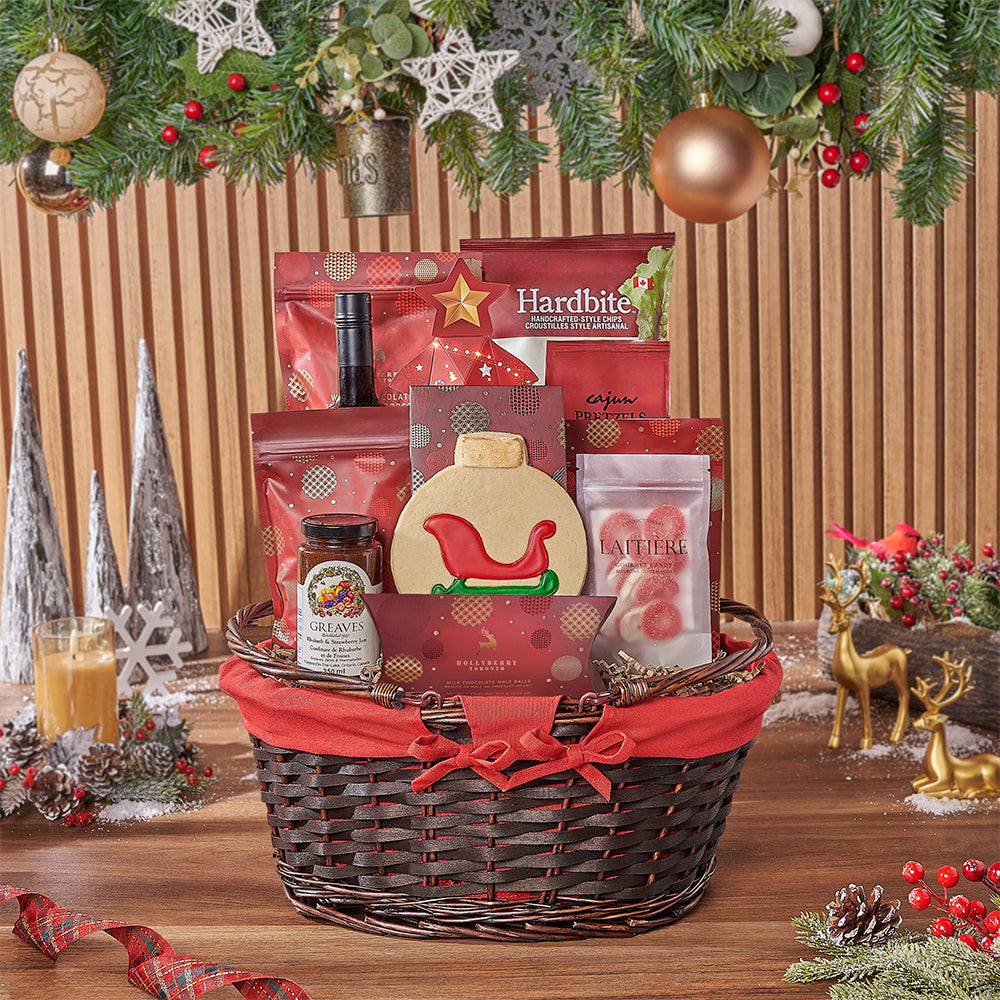 Wine Basket with Gourmet Holiday Snacks – how the gift is presented