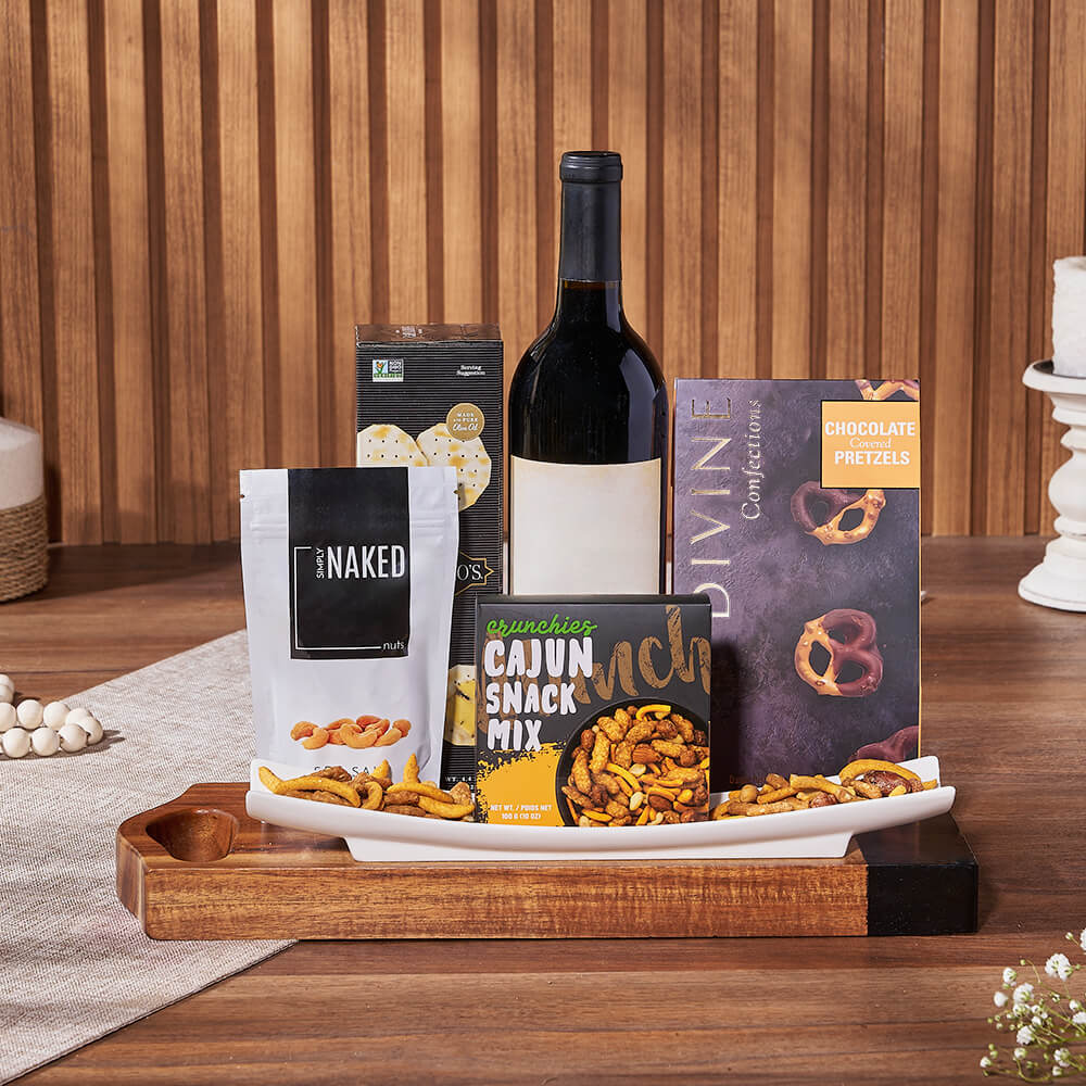 The Salty Snack & Wine Gift Set is a delicious gift filled with gourmet goodies, Connecticut delivery