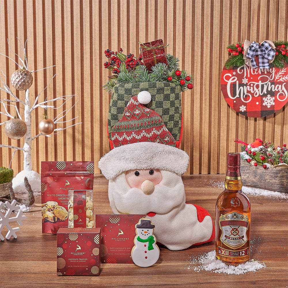 Whiskey and Holiday Treats Stocking – how the gift is presented