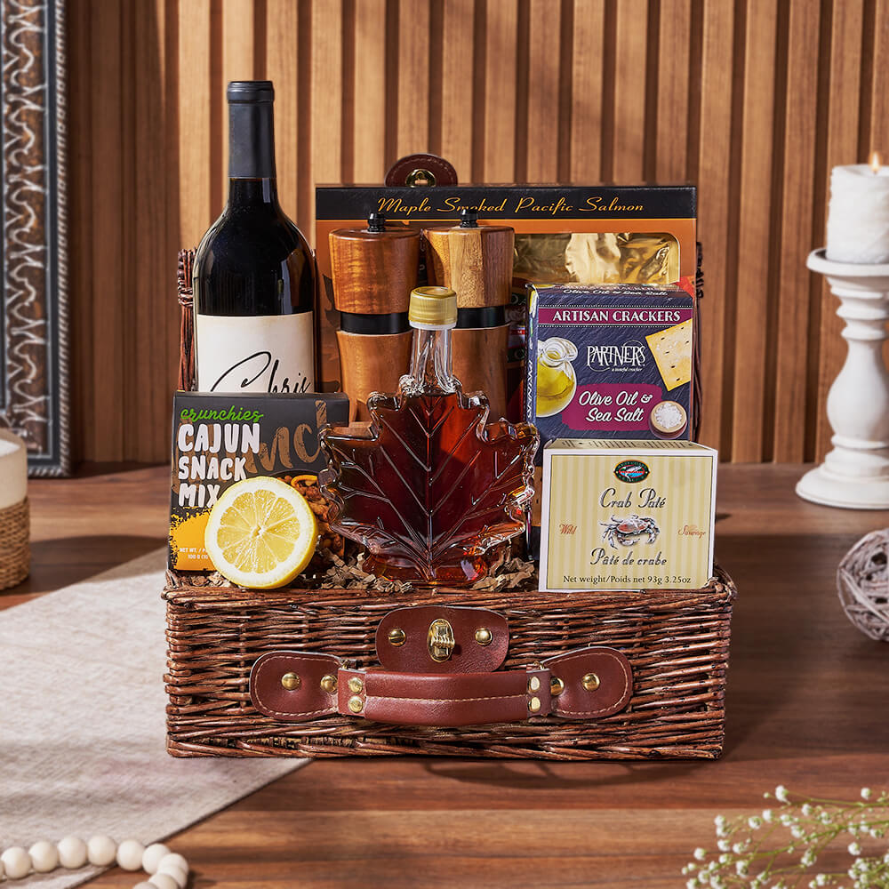 Classic Wine and Seafood Gift Basket – how the gift is presented
