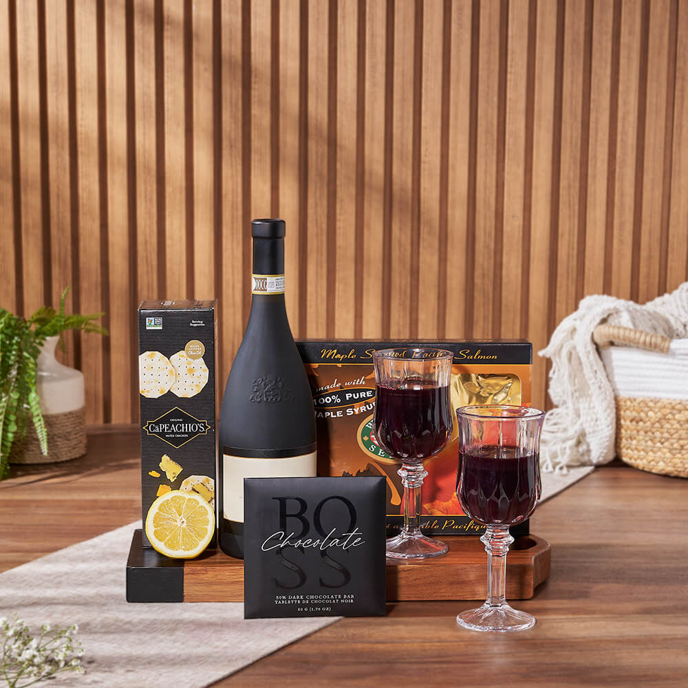 Signature Wine and Smoked Salmon Basket – how the gift is presented