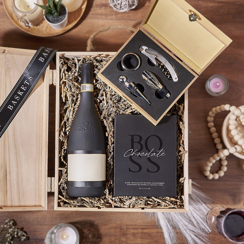 Wooden Wine Box with Truffles – how the gift is presented