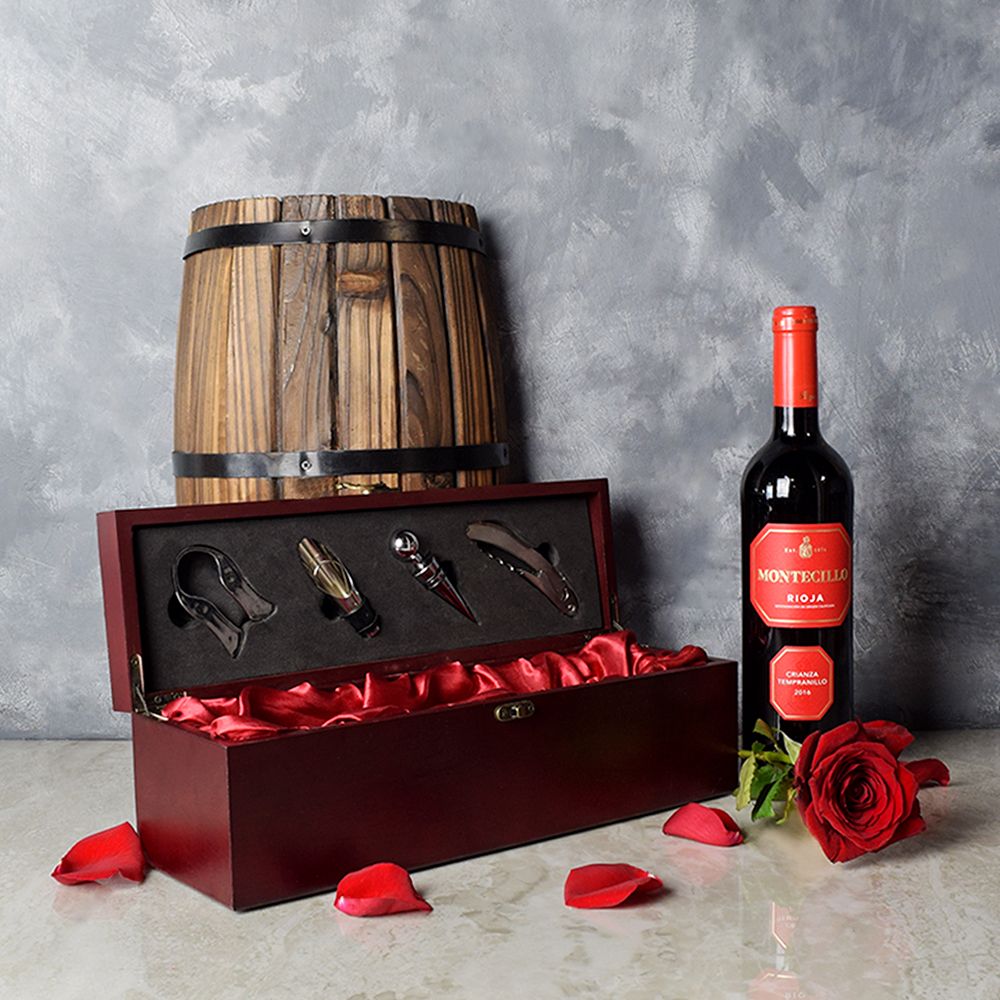 Valentine's Day Wine Gift in Solid Dark Mahogany Box – how the gift is presented