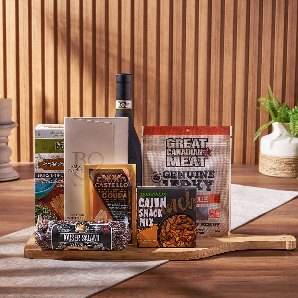 Wine & Cheesy Treats Platter, wine gift, wine, cheese gift, cheese, salami gift, salami, gourmet gift, gourmet, Connecticut delivery