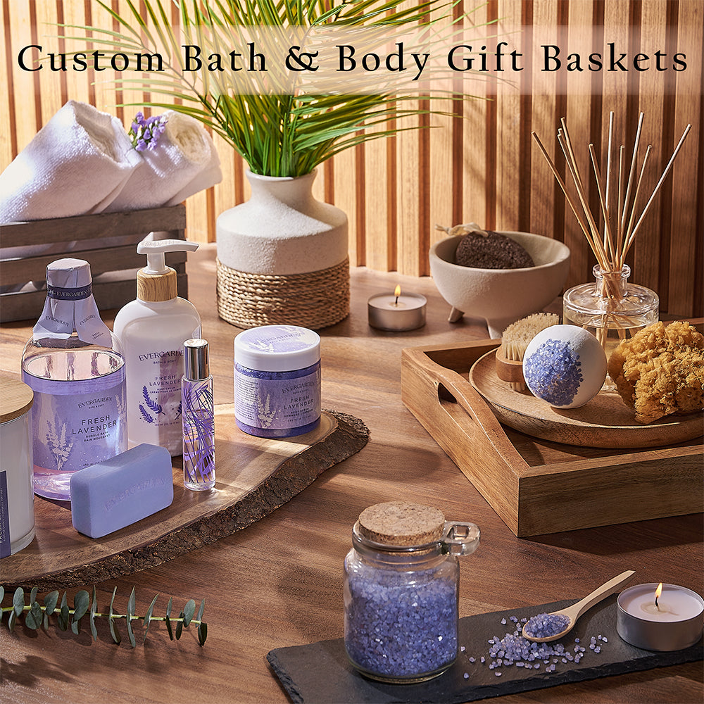 Custom Bath and Body Gift Baskets. Create a tailored gift filled with their favorite spa items, delicious treats, and optional bottles of wine or champagne - Connecticut Baskets 