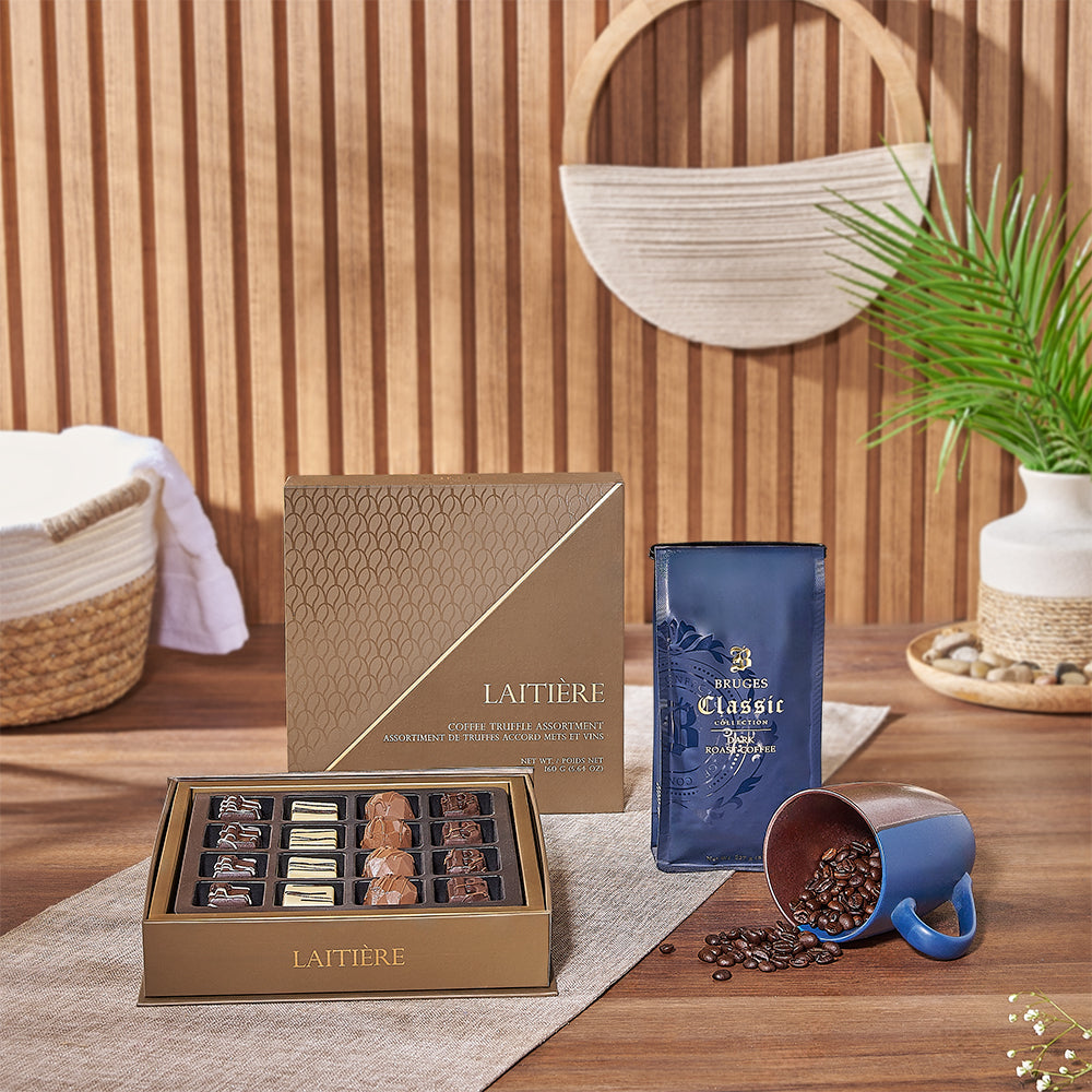 Coffee Lover's Basket with Chocolate – gift basket with bruges dark roast coffee, laitiere coffee truffle assortment and germaine two-tone mug