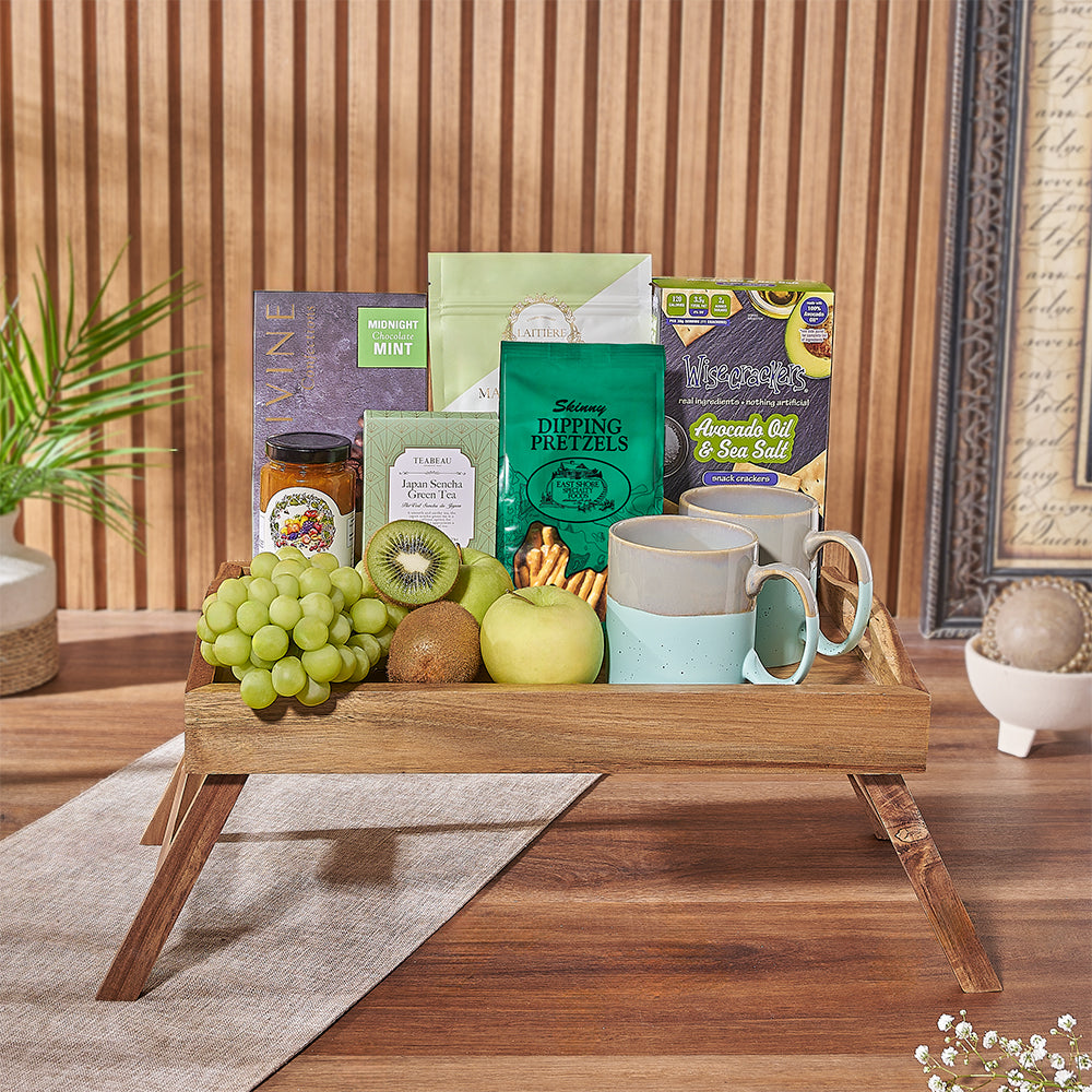 Wooden Bed Tray Gift Featuring Gourmet Foods – how the gift is presented