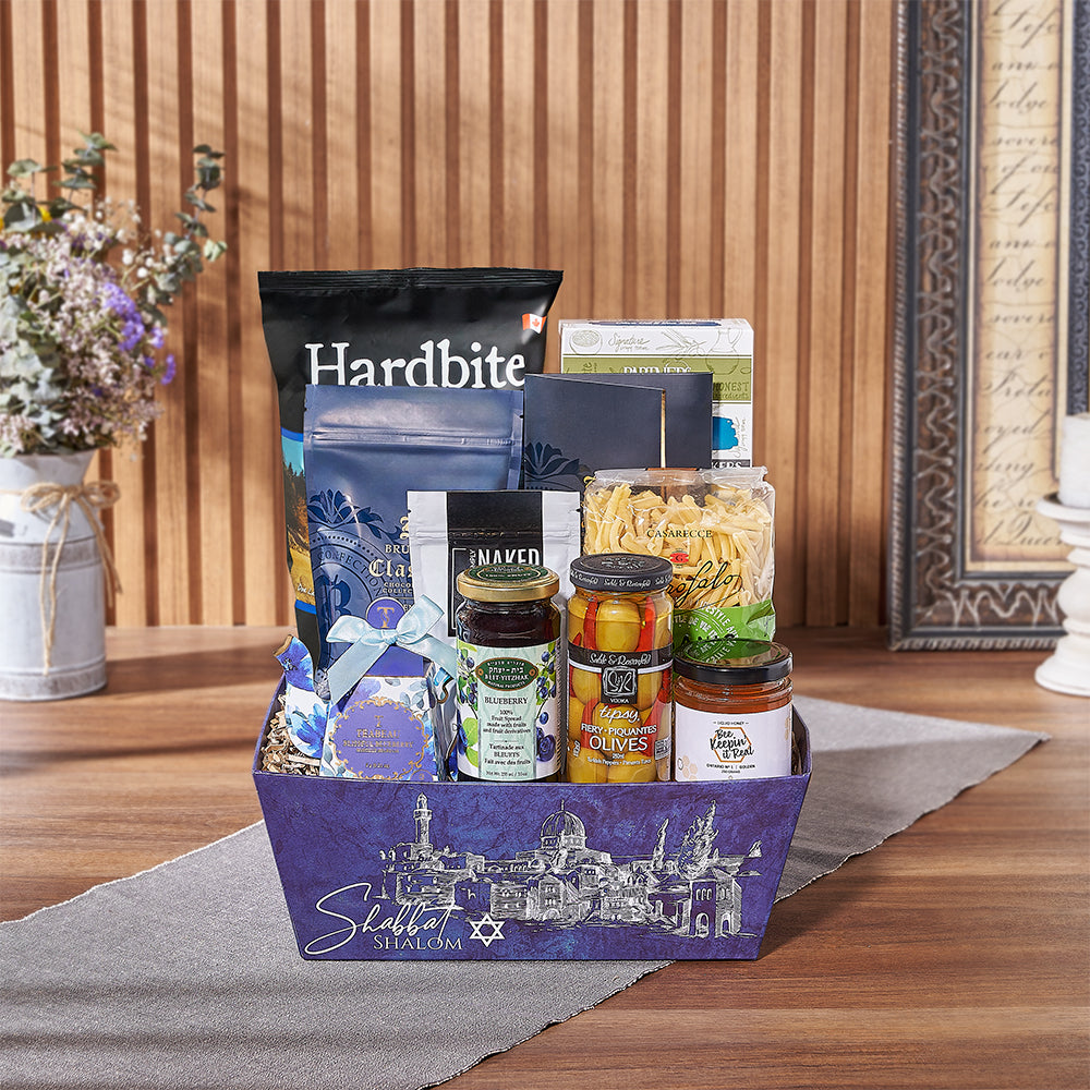 Kosher Hanukkah Blue Tray Gift – gift basket with hardbite rock salt & vinegar chips, partners crackers olive oil & sea salt and bruges dark