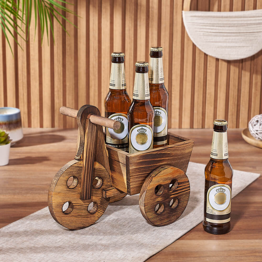 Beer Gift Basket with Wooden Display – gift basket with four bottles of beer and large wooden cart box