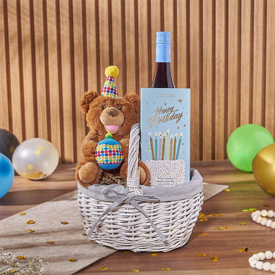 Birthday Wine & Bear Gift Basket, wine gift, wine, birthday gift, birthday, chocolate gift, chocolate, Connecticut delivery