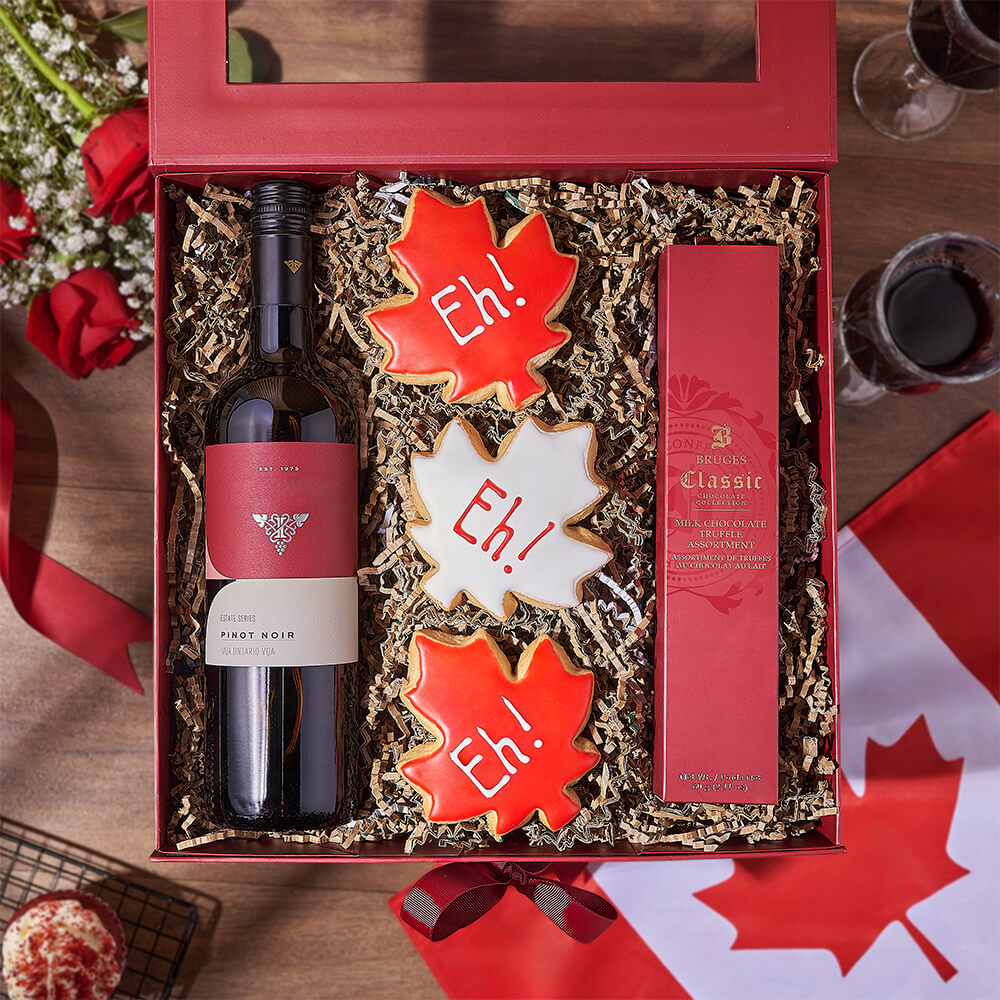 Canada Day Wine Gift Box, canada day gift, canada day, wine gift, wine, chocolate gift, chocolate, cookie gift, cookie, Connecticut delivery