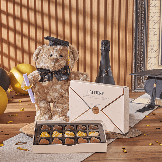 Champagne & Graduate Bear, champagne gift, champagne, sparkling wine gift, sparkling wine, graduation gift, graduation, chocolate gift, chocolate, Connecticut delivery