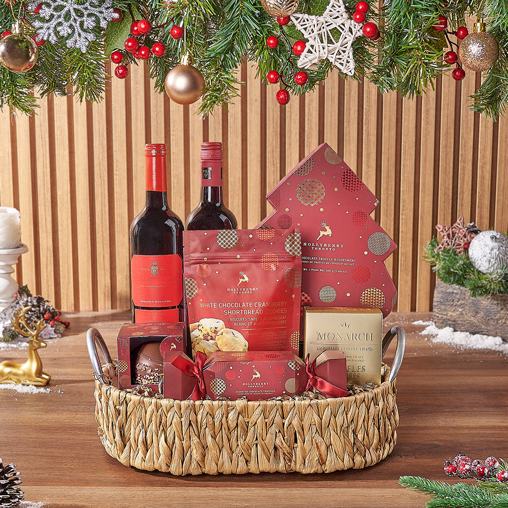 Holiday Wine and Sweet Treat Basket – how the gift is presented