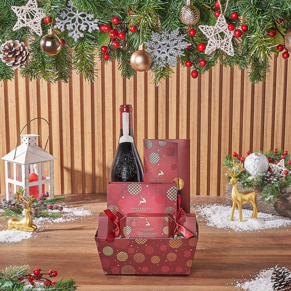 Small Holiday Wine Gift Set with Chocolates in Decorative Tray – how the gift is presented