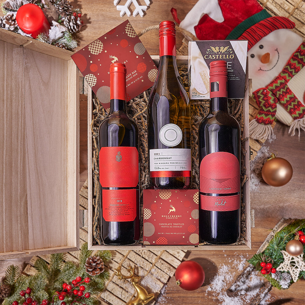 Christmas Wine Trio, wine gift, wine, chocolate gift, chocolate, cheese gift, cheese, Connecticut delivery