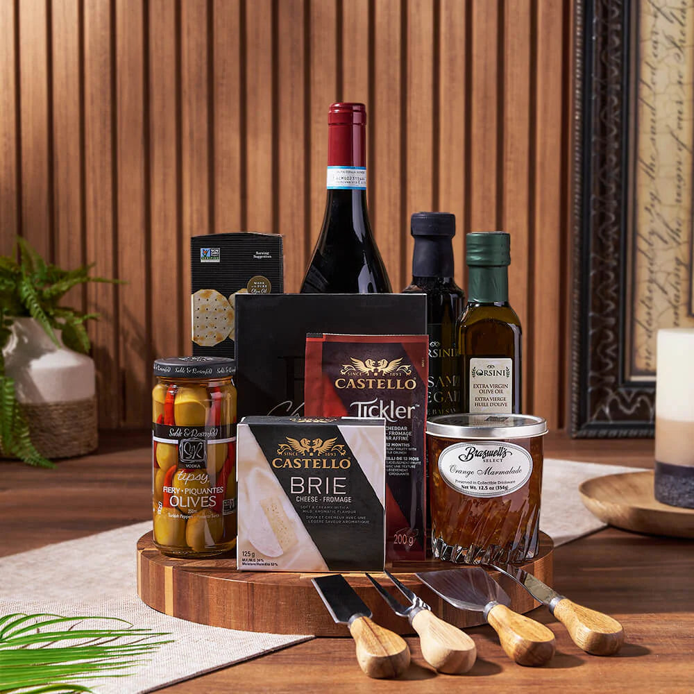 Wine Gift Basket Featuring Fine Cheddar, Brie, and Truffles – how the gift is presented