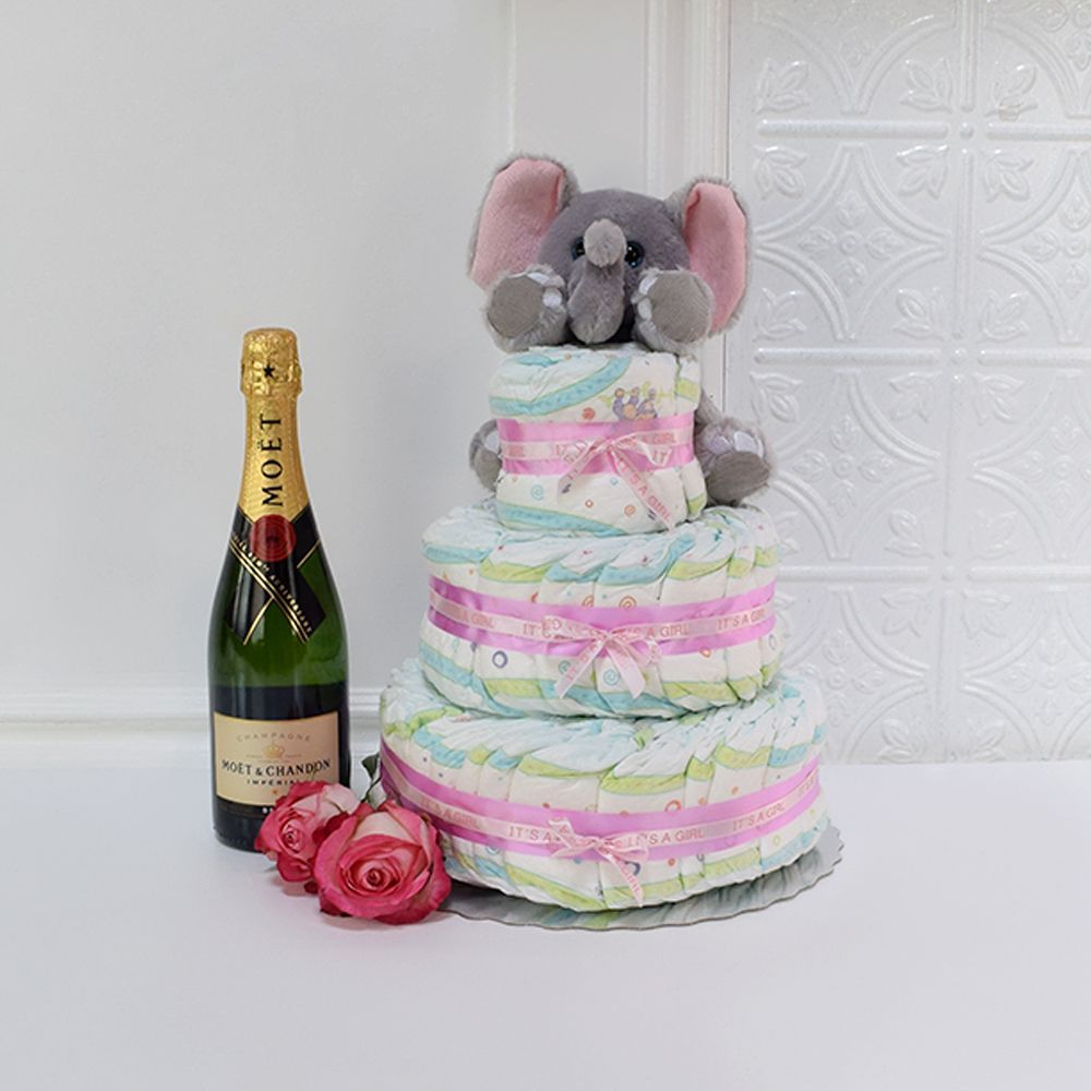 Deluxe Champagne Diaper Cake Gift Basket for New Parents – how the gift is presented