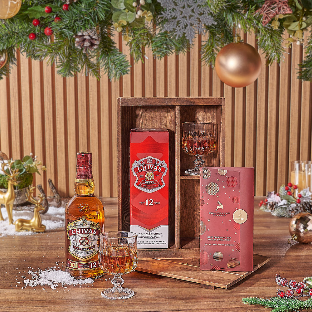 Whiskey and Hollyberry Chocolate Basket – how the gift is presented