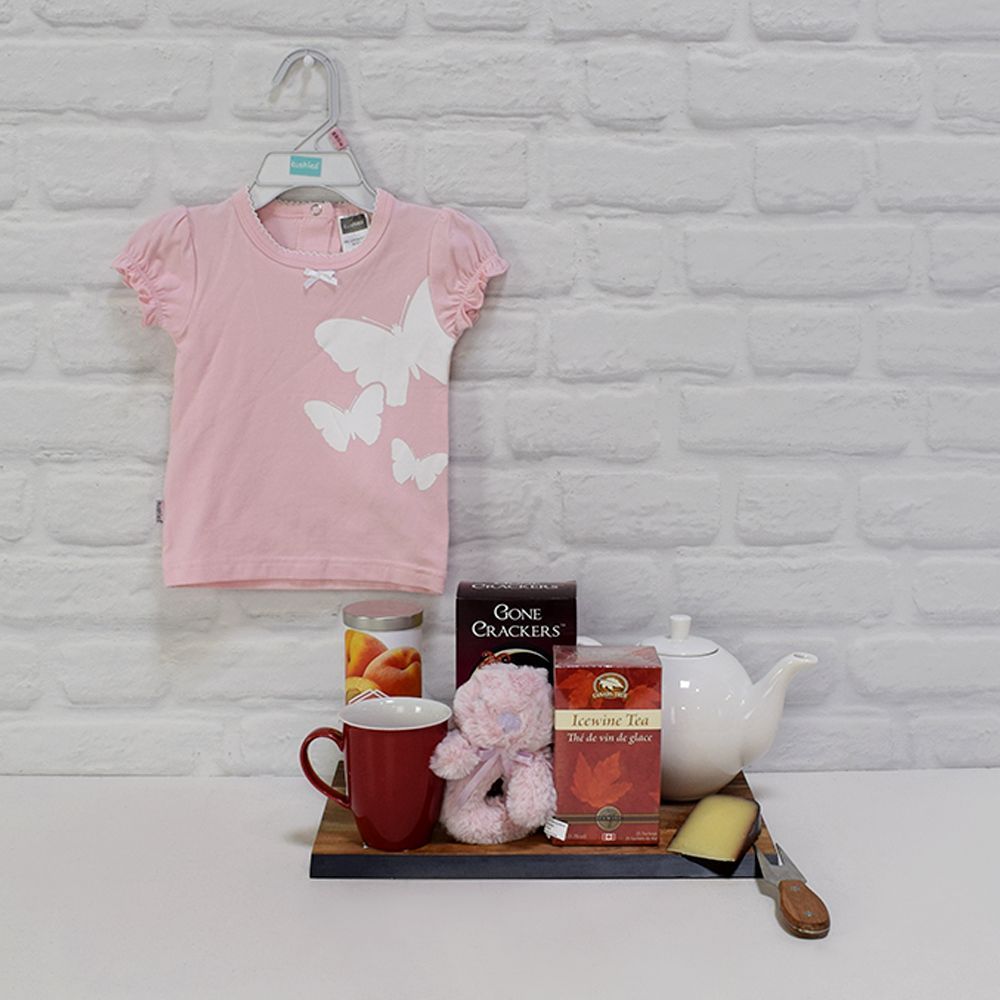 Newborn Baby Girl Gourmet Tea and Cheese Gift Basket – how the gift is presented