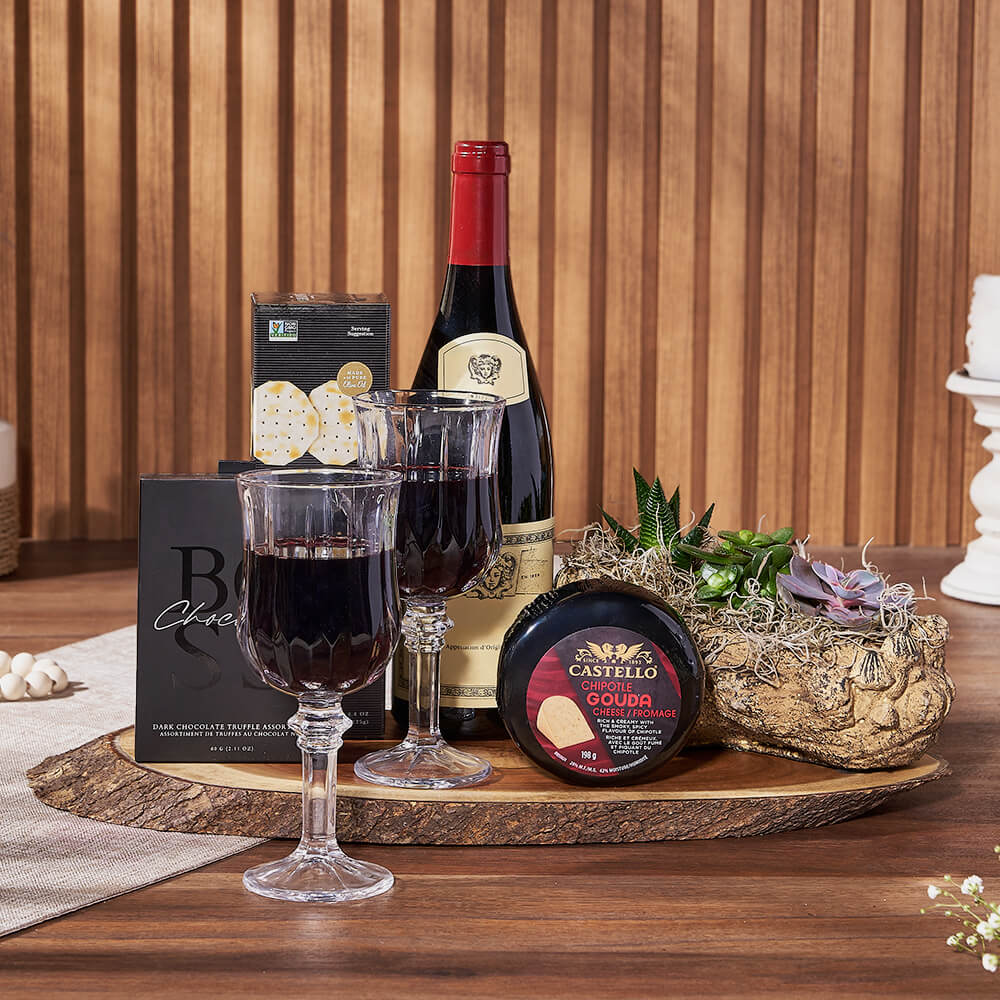 Succulent Wine Gift Basket with Cheese – how the gift is presented