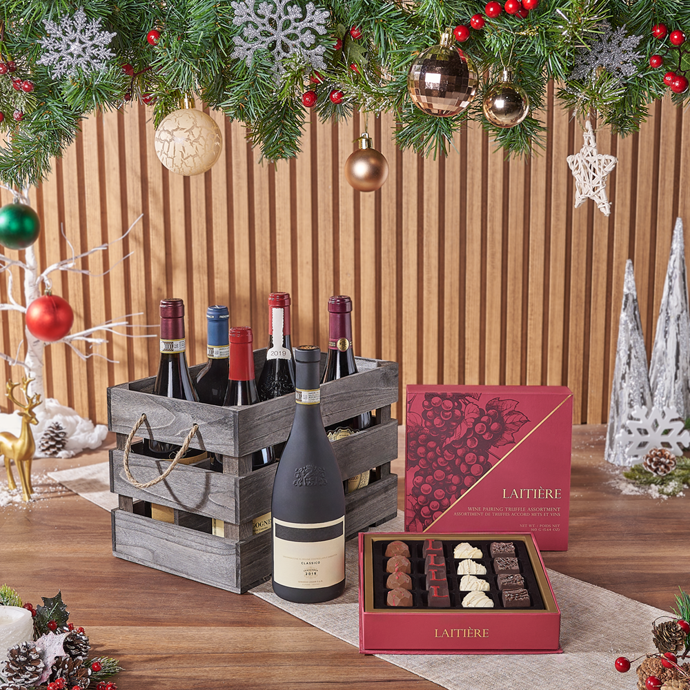 Festive Christmas Wine Gift Crate, wine gift, wine, christmas gift, christmas, holiday gift, holiday, chocolate gift, chocolate, Connecticut delivery