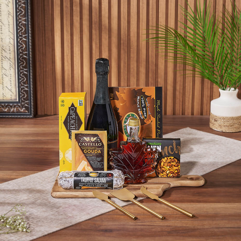Sparkling Wine Gift Basket with Gouda Cheese and Maple Smoked Salmon – how the gift is presented