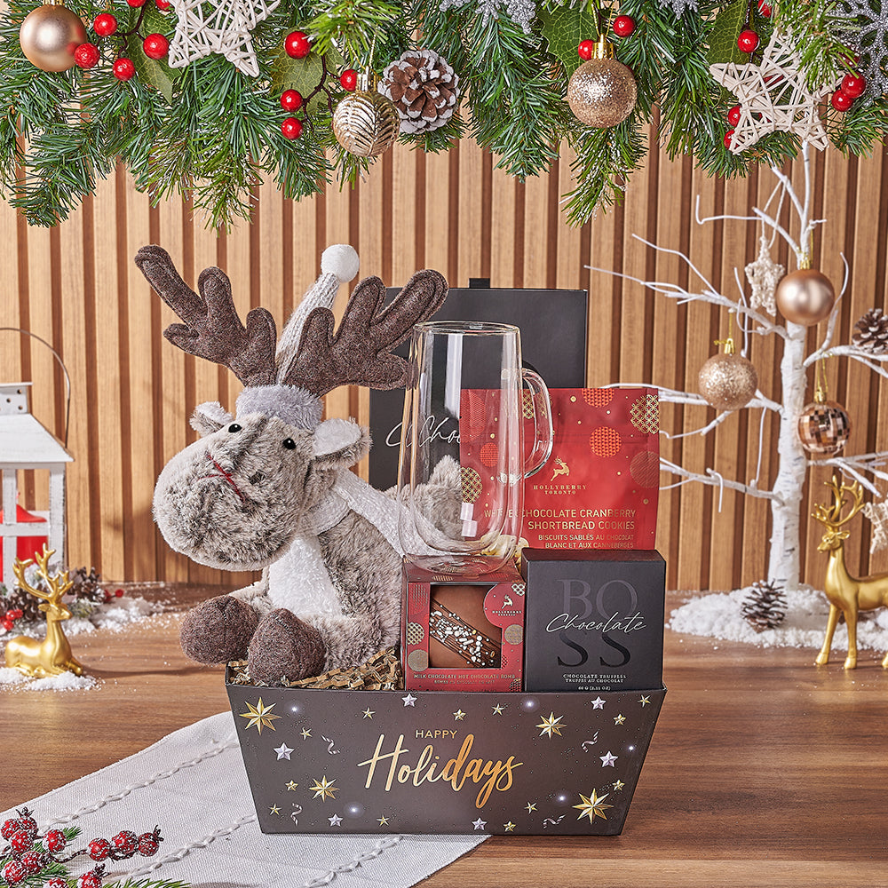 Plush Reindeer and Chocolate Basket – how the gift is presented